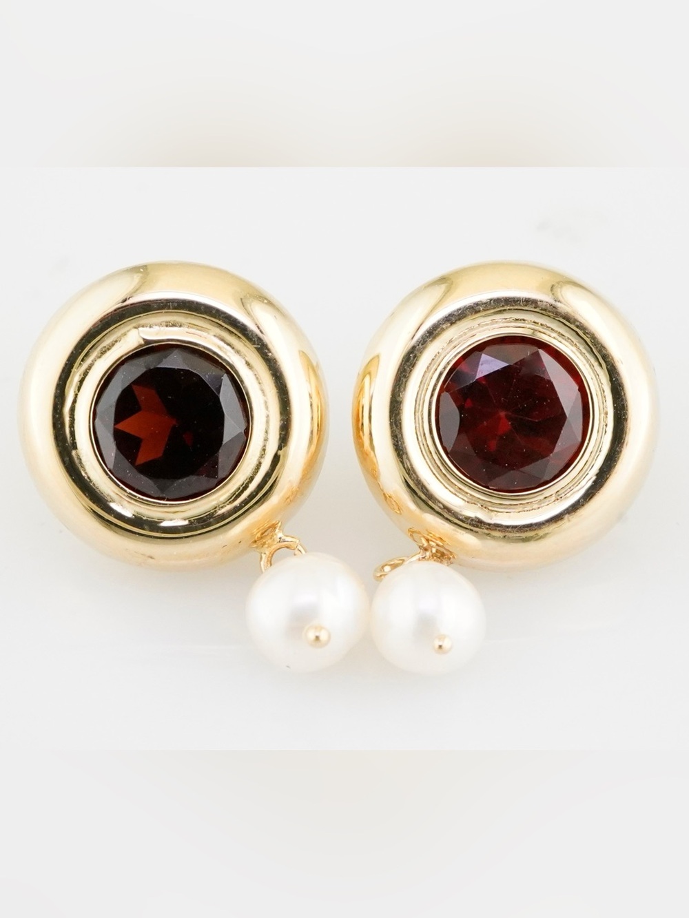 14k yellow gold bezel set garnet and pearl dangle earrings